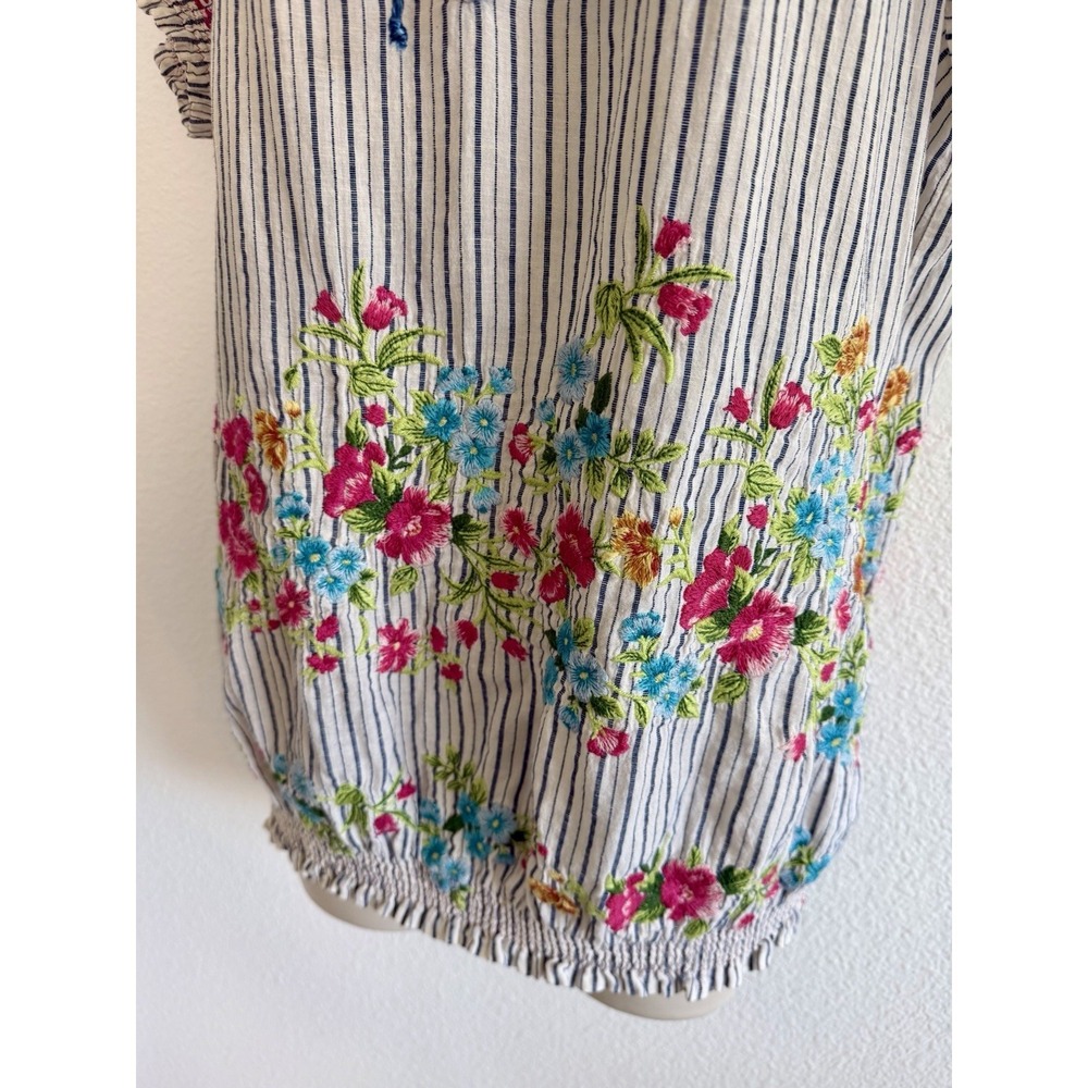 Johnny Was Embroidered Stripe Top S Puff Sleeve Smocked J3 Workshop Boho Cotton - Picture 5 of 12